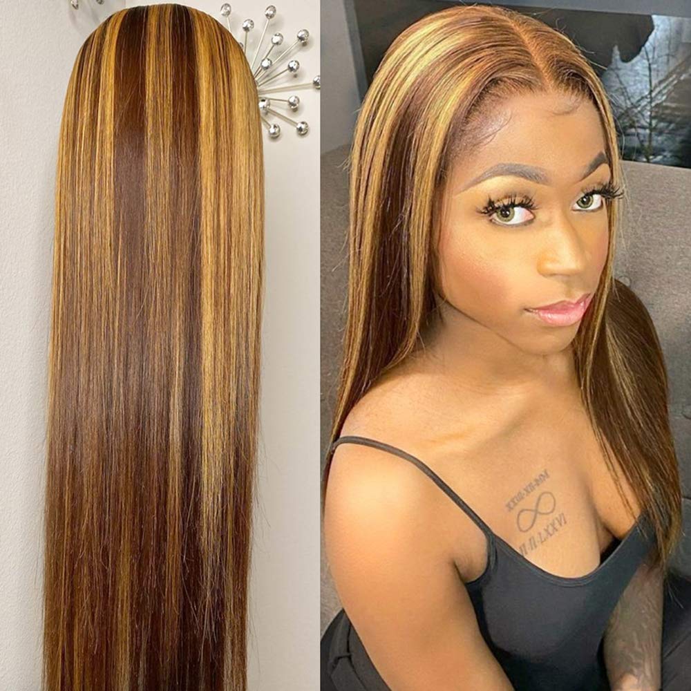 Glueless Brown Blonde Highlights Straight Human Hair Wig Lace Front Wig [13X4F003]