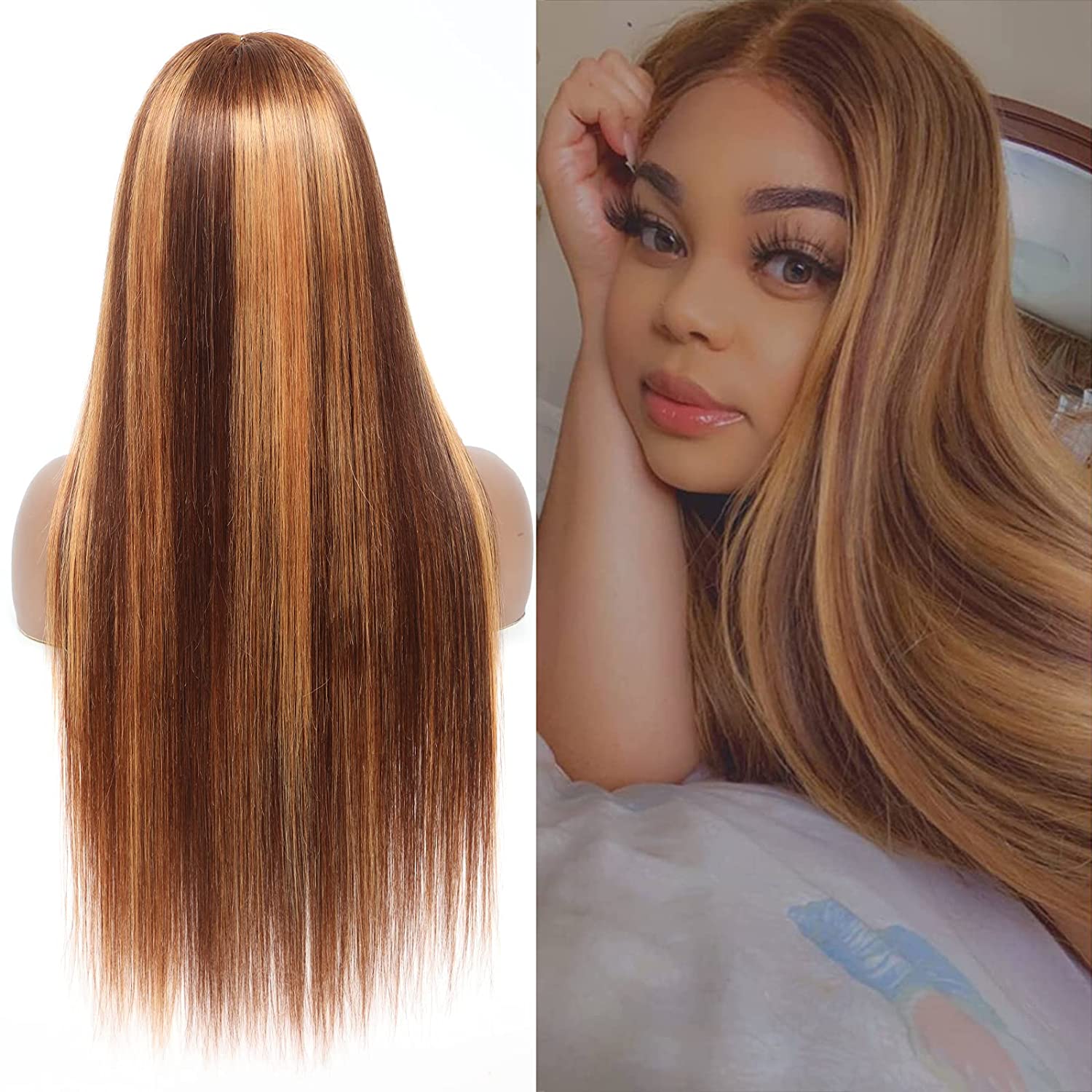 Glueless Brown Blonde Highlights Straight Human Hair Wig Lace Front Wig [13X4F003]