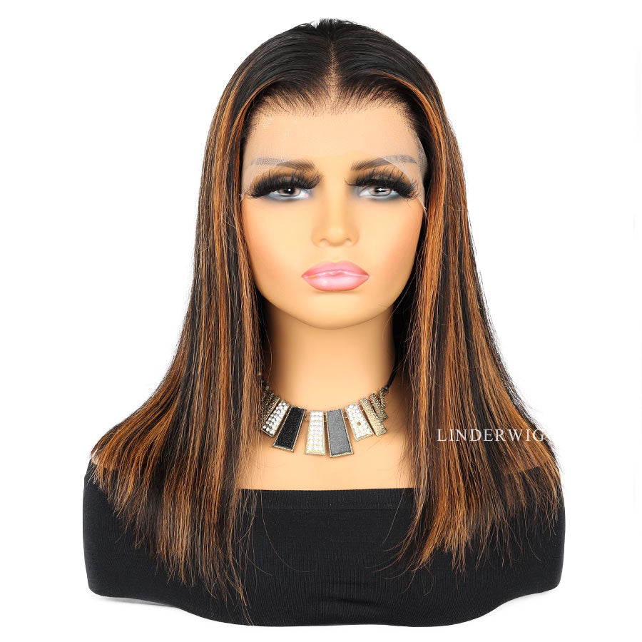 Glueless Blonde Highlights Straight Bob Lace Front Wigs Clean Hairline Human Wig [BOB03]