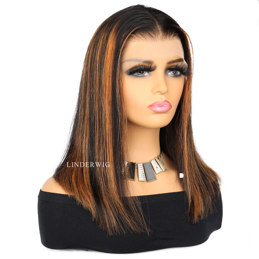 Glueless Blonde Highlights Straight Bob Lace Front Wigs Clean Hairline Human Wig [BOB03]