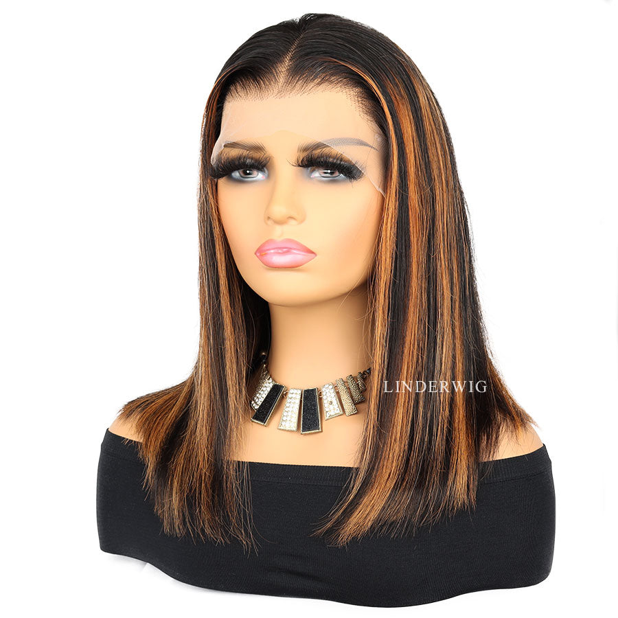 Glueless Blonde Highlights Straight Bob Lace Front Wigs Clean Hairline Human Wig [BOB03]