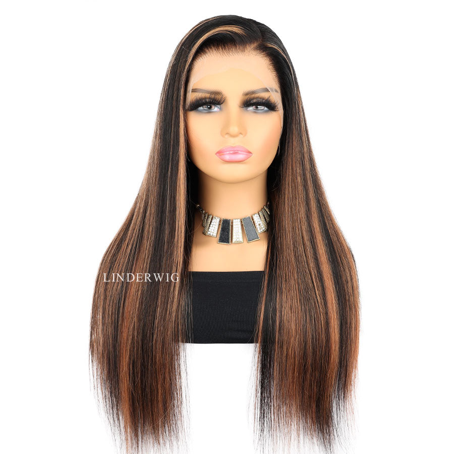 Glueless Long Straight Blonde Highlights Virgin Human Hair Wig Lace Front Wig [13X4F004]