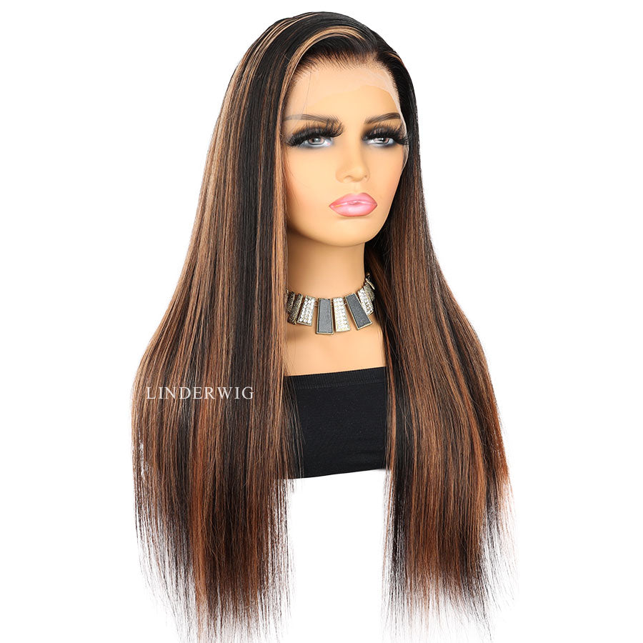 Glueless Long Straight Blonde Highlights Virgin Human Hair Wig Lace Front Wig [13X4F004]