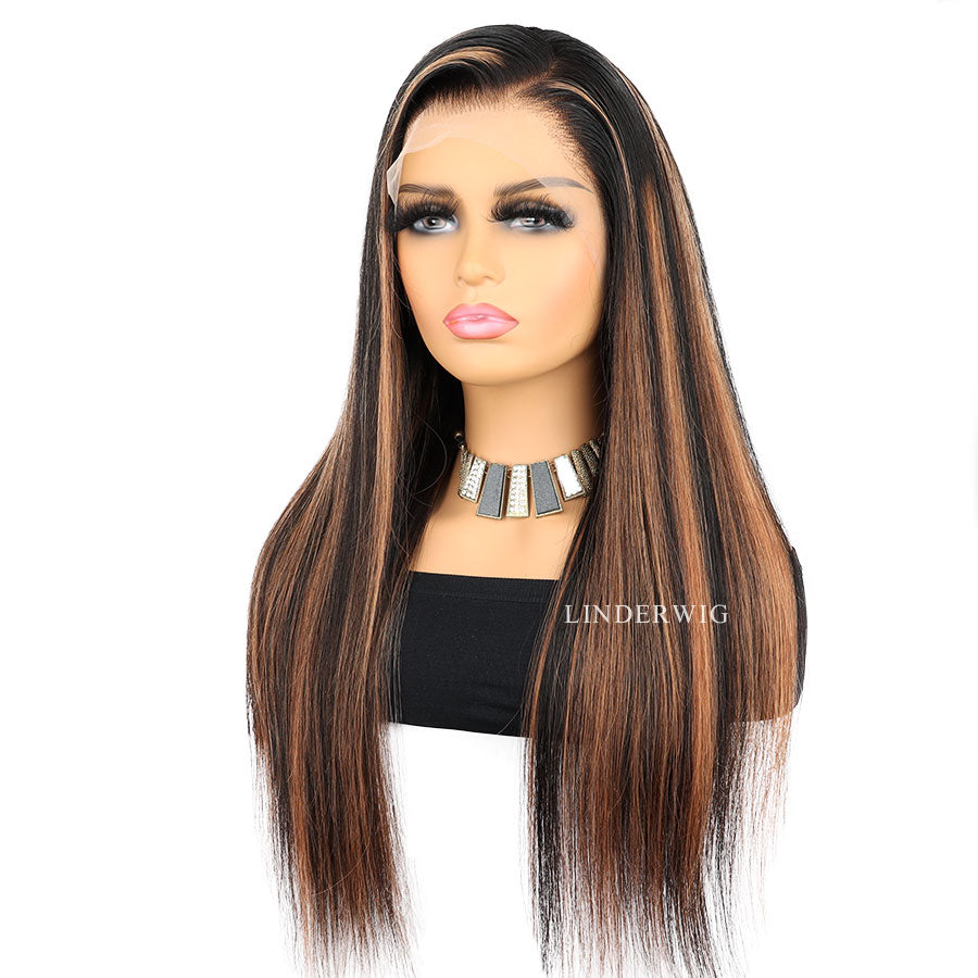 Glueless Long Straight Blonde Highlights Virgin Human Hair Wig Lace Front Wig [13X4F004]