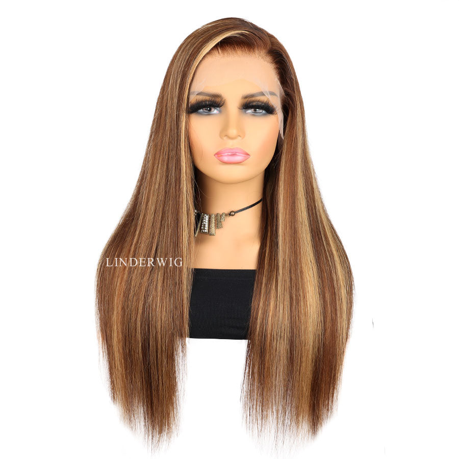 Glueless Brown Blonde Highlights Straight Human Hair Wig Lace Front Wig [13X4F003]