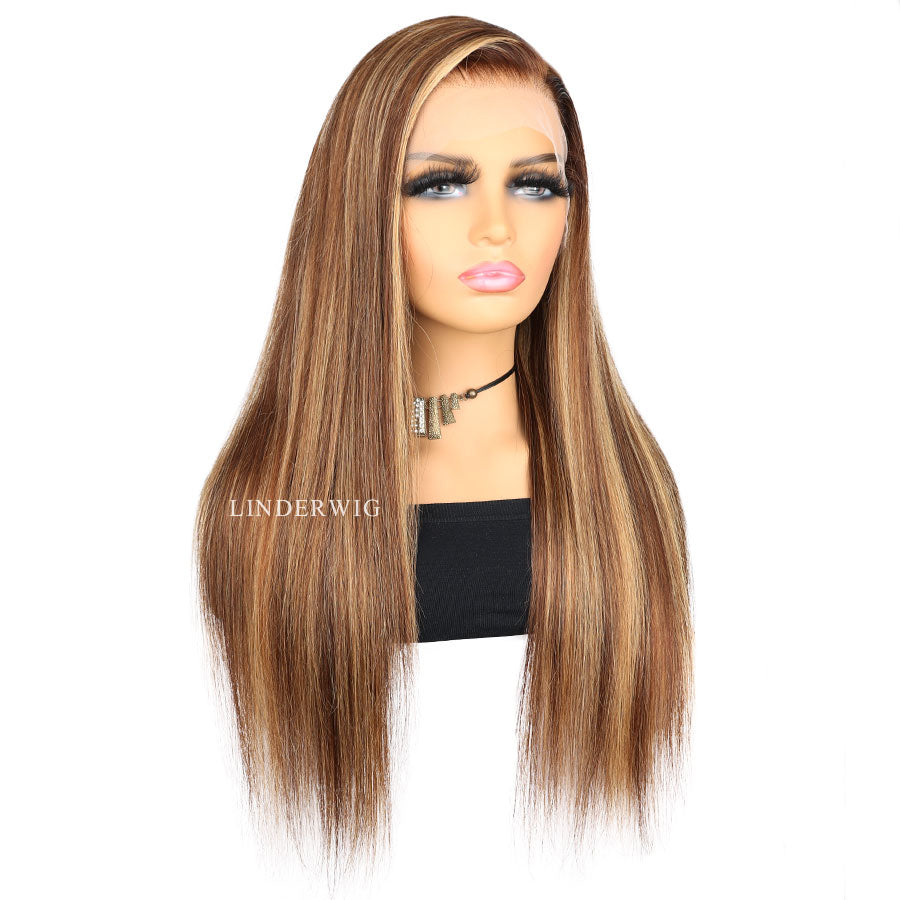 Glueless Brown Blonde Highlights Straight Human Hair Wig Lace Front Wig [13X4F003]