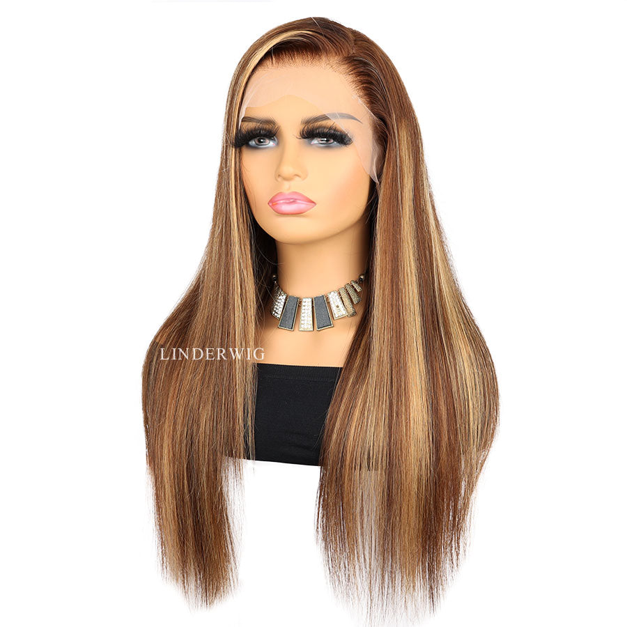 Glueless Brown Blonde Highlights Straight Human Hair Wig Lace Front Wig [13X4F003]