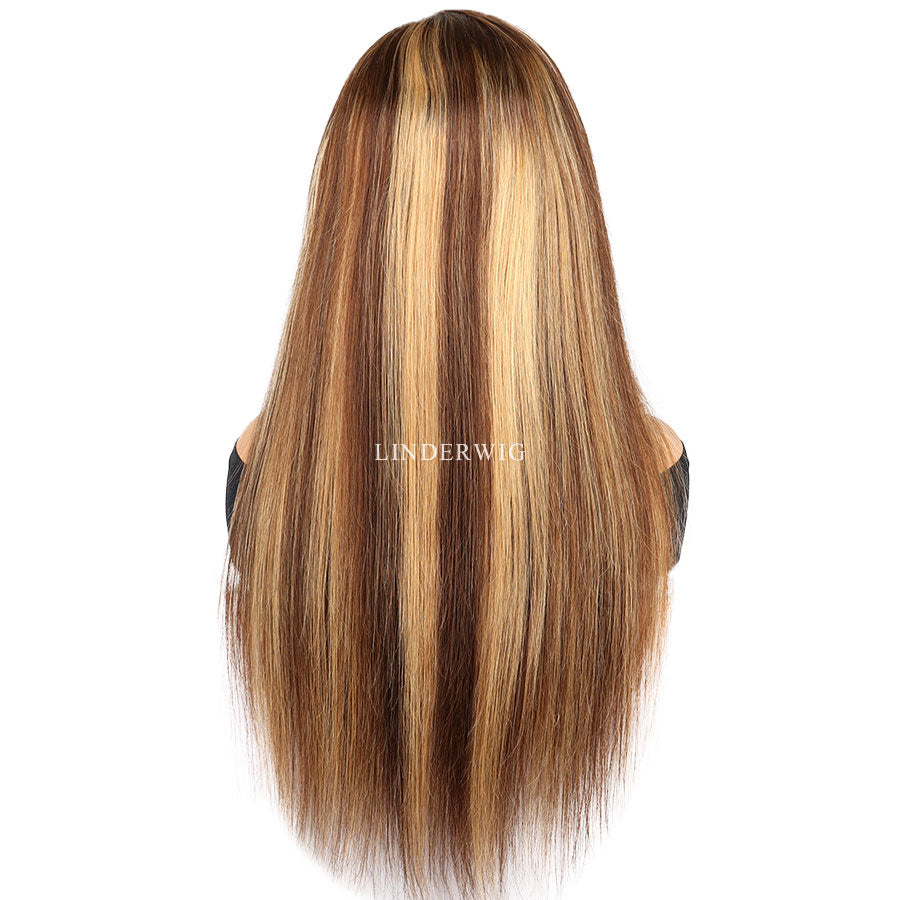 Glueless Brown Blonde Highlights Straight Human Hair Wig Lace Front Wig [13X4F003]