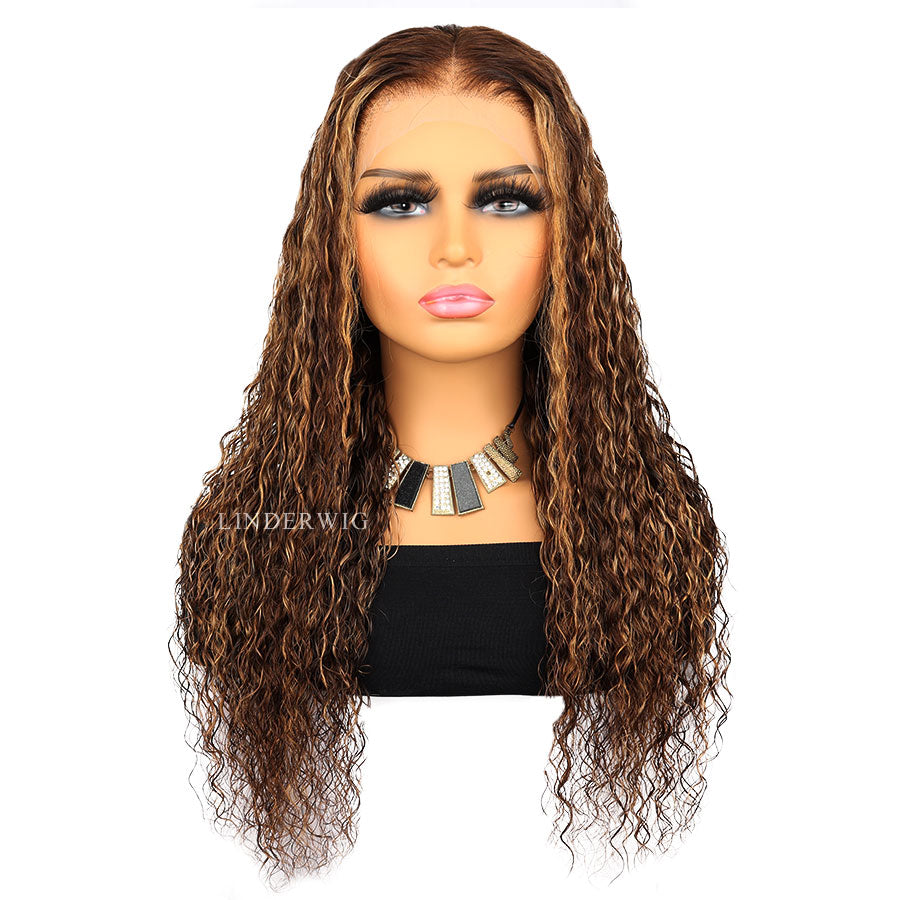 Glueless Brown Blonde Highlights Deep Wave Human Hair Wig Lace Front Wig [13X4F002]