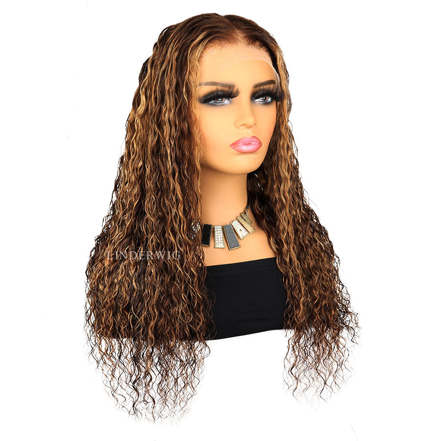 Glueless Brown Blonde Highlights Deep Wave Human Hair Wig Lace Front Wig [13X4F002]