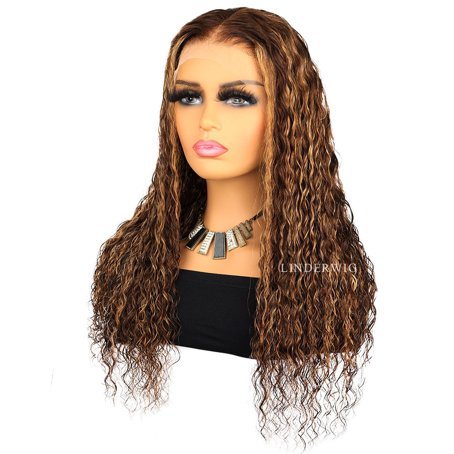 Glueless Brown Blonde Highlights Deep Wave Human Hair Wig Lace Front Wig [13X4F002]