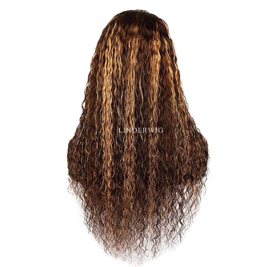 Glueless Brown Blonde Highlights Deep Wave Human Hair Wig Lace Front Wig [13X4F002]